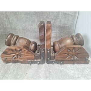 Vintage Spanish Carved Wood Cannon Bookends Pair 7" Rustic Decor 1960s-70s